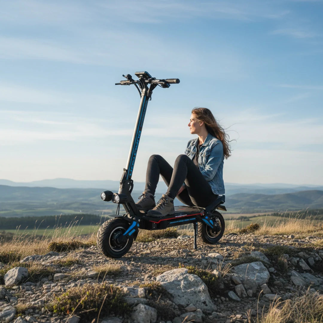 Electric scooter Dualtron Storm NEW – woman sitting on scooter on hill