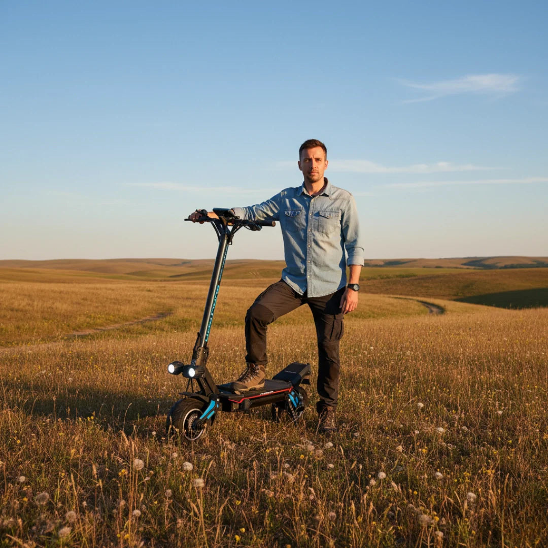 Electric scooter Dualtron Storm NEW – man standing with scooter in field