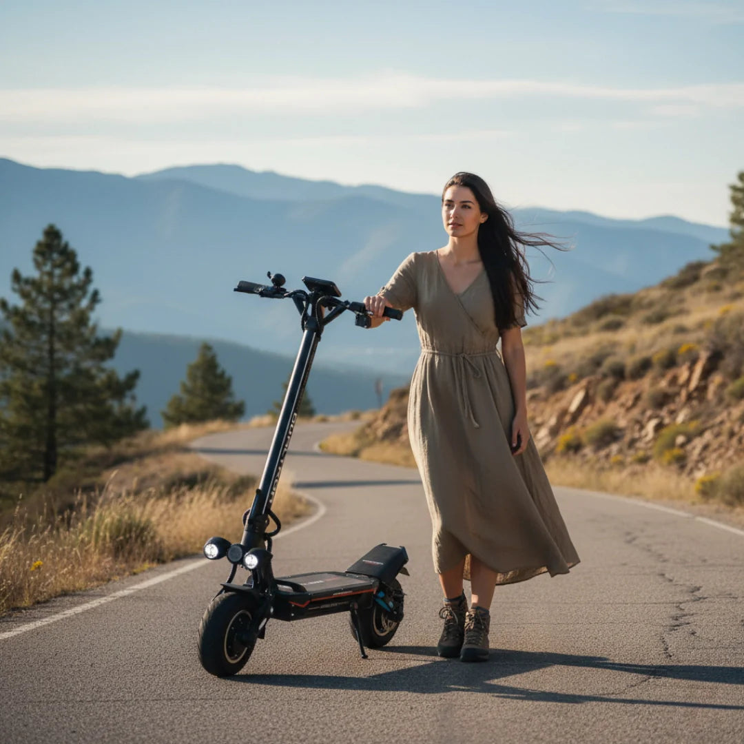 Electric scooter Dualtron Storm NEW – woman walking with scooter on road