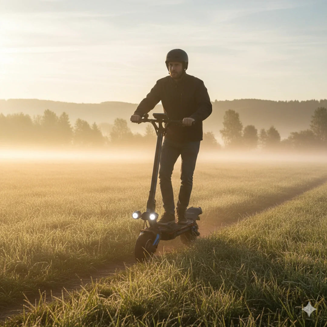 Electric scooter Dualtron Storm NEW – man riding scooter in misty field
