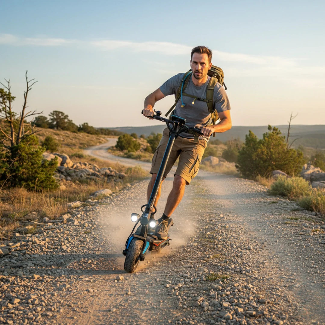 Electric scooter Dualtron Storm NEW – man riding on dirt path