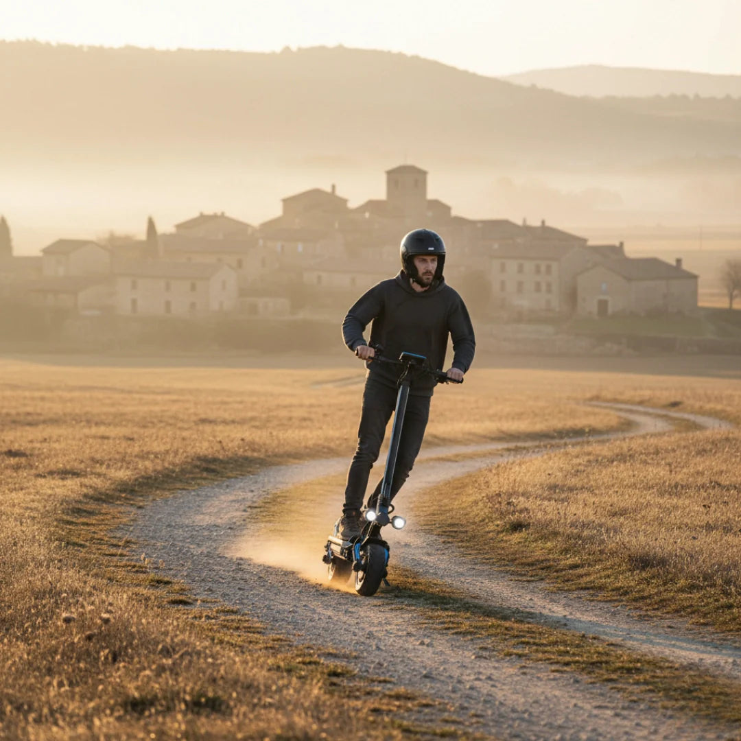 Electric scooter Dualtron Storm NEW – man riding on dirt path with village