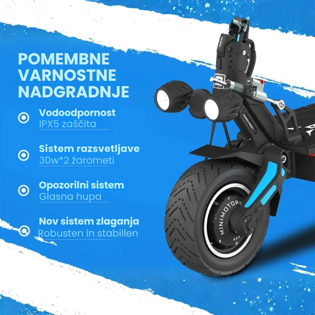 Electric scooter Dualtron Storm NEW – front wheel and lights with feature text