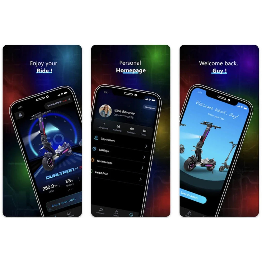 Electric scooter Dualtron Thunder 2 – three mobile app screenshots