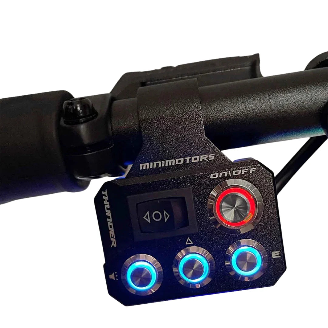 Electric scooter Dualtron Thunder 2 – handlebar controls close-up with blue and red lights