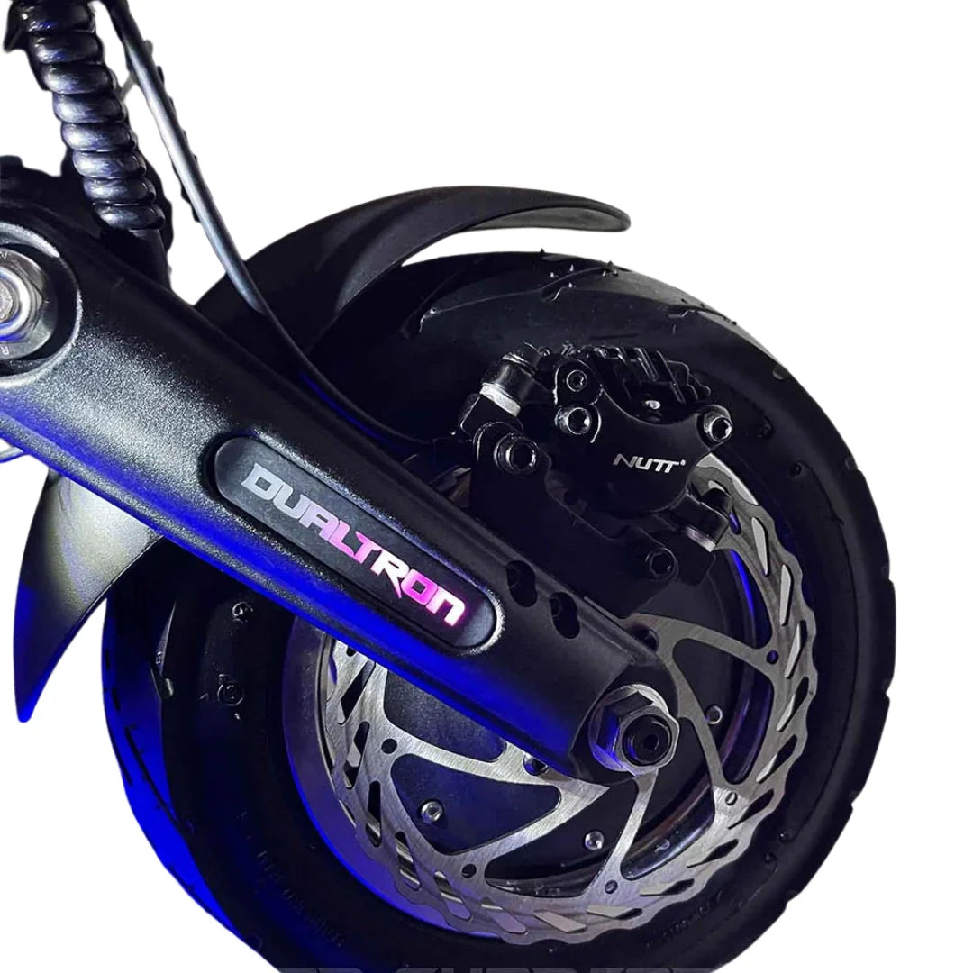 Electric scooter Dualtron Thunder 2 – front wheel, disc brake, and suspension close-up