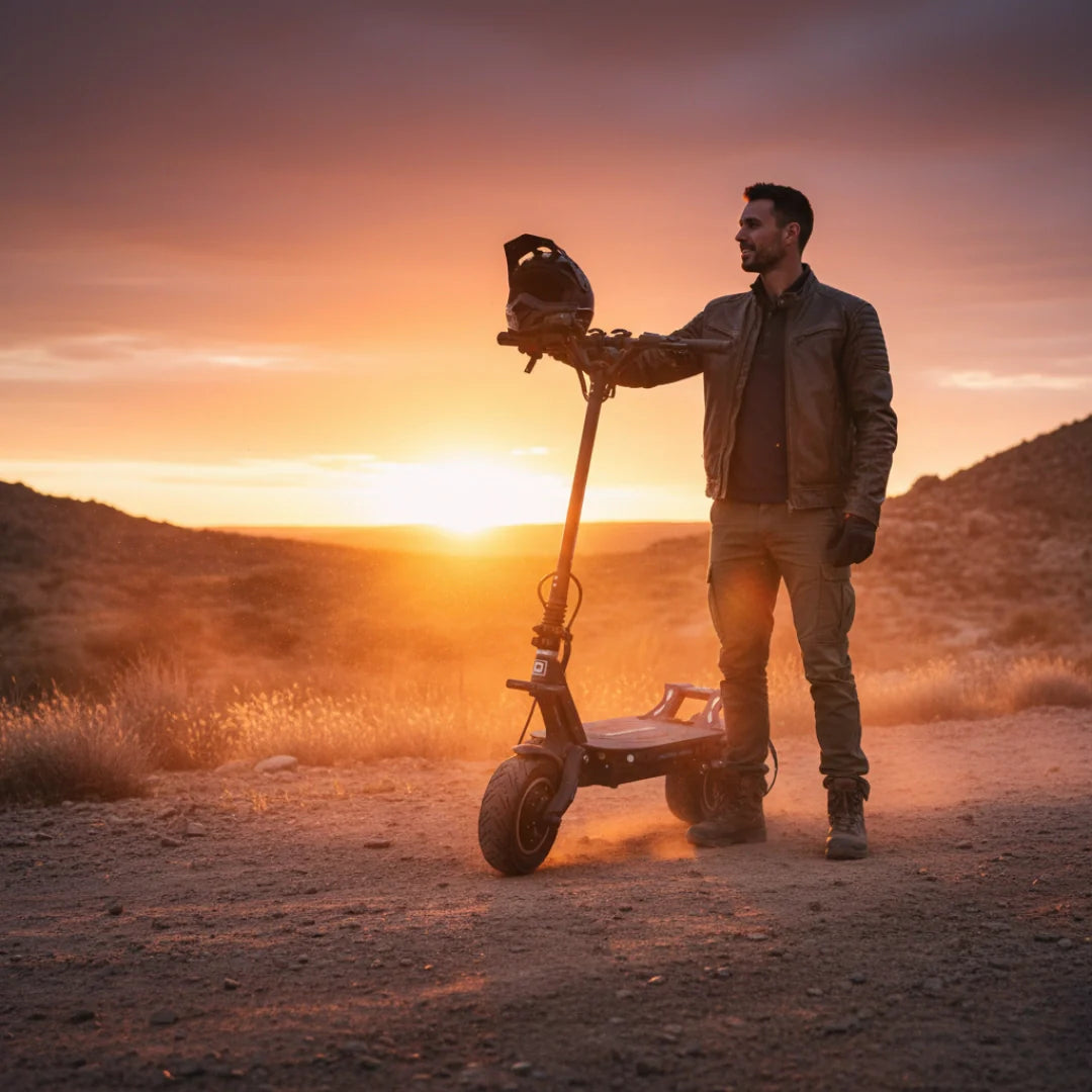 Electric scooter Dualtron Thunder 2 – man standing with scooter at sunset