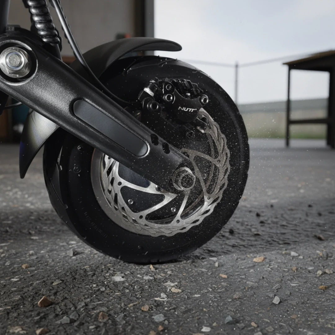 Electric scooter Dualtron Thunder 2 – front wheel and disc brake on concrete