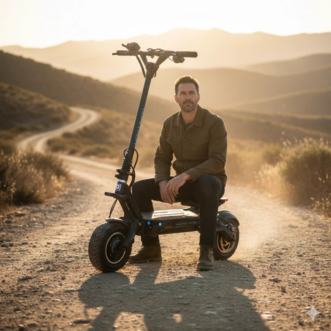 Electric scooter Dualtron Thunder 2 – man sitting on scooter on dirt road