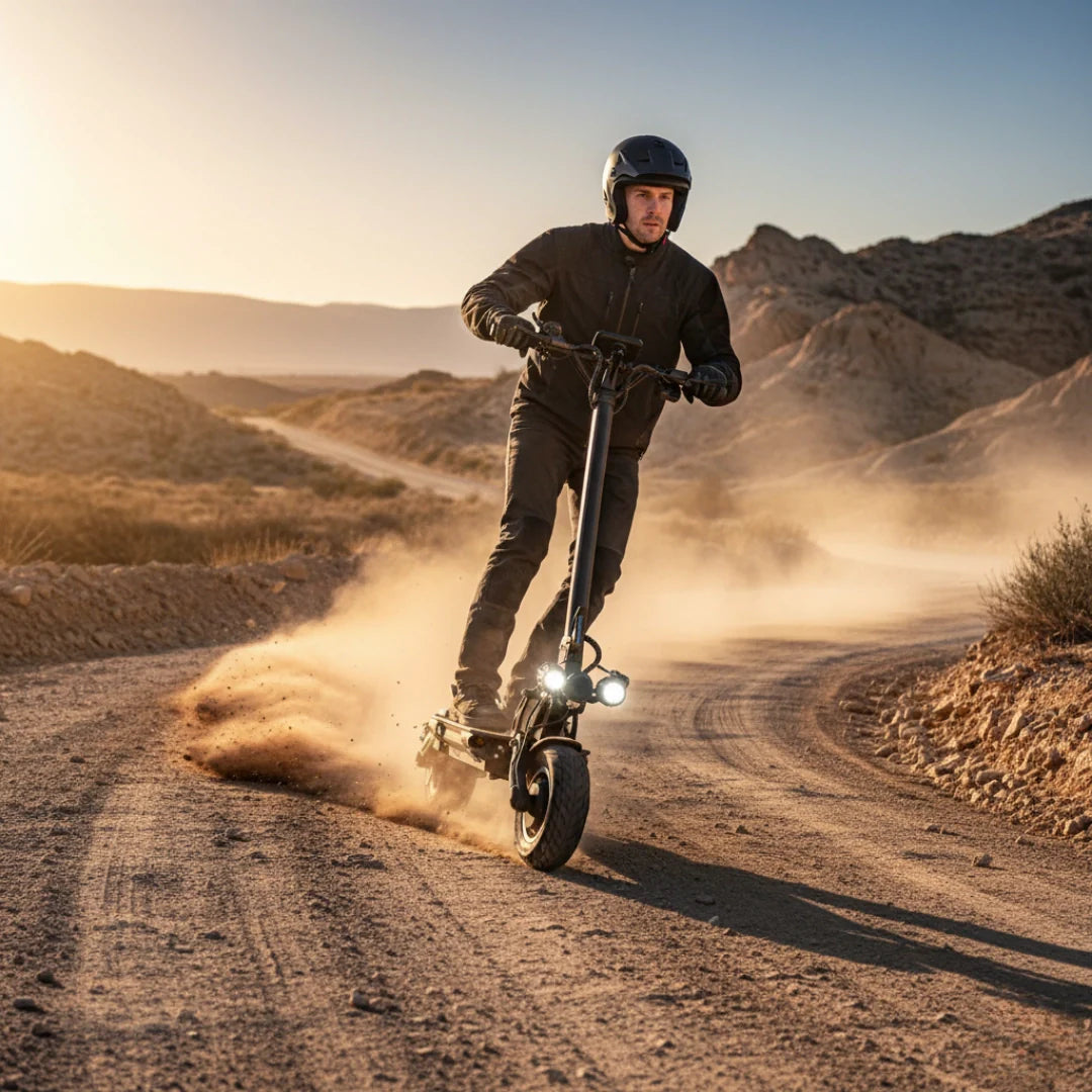 Electric scooter Dualtron Thunder 3 – rider on dirt track, kicking up dust