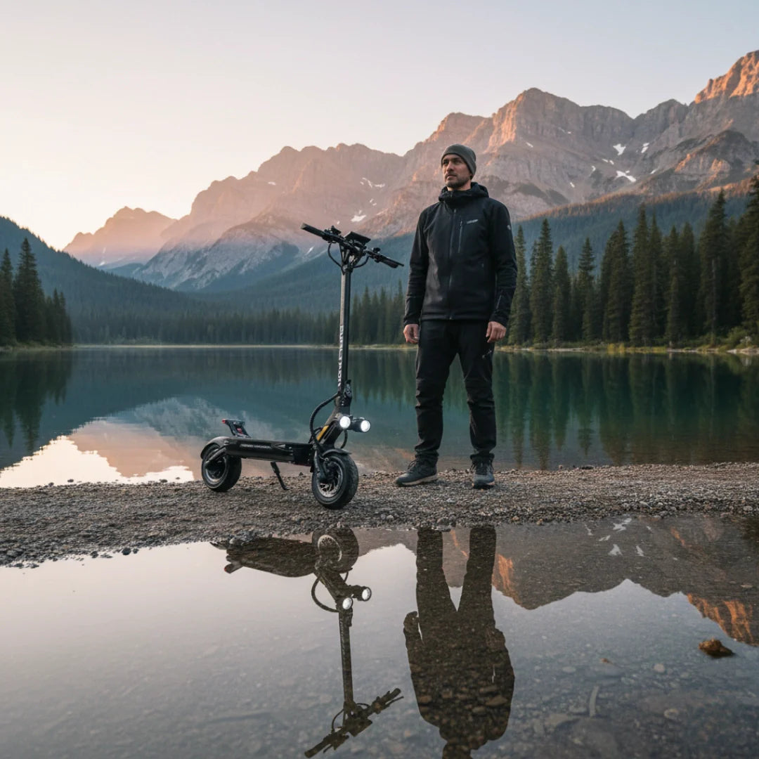 Electric scooter Dualtron Thunder 3 – man standing with scooter by lake and mountains