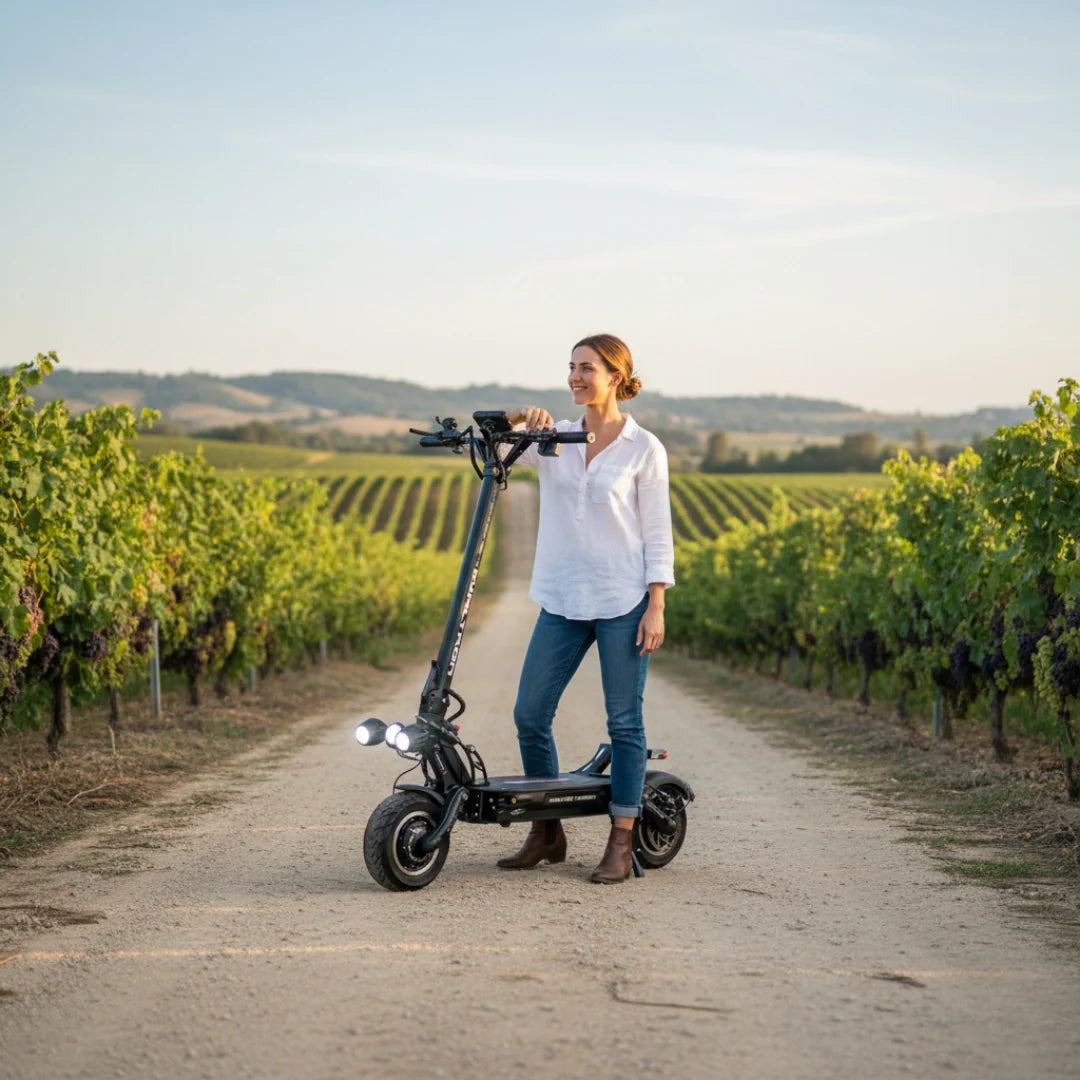Electric scooter Dualtron Thunder 3 – woman standing with scooter in vineyard