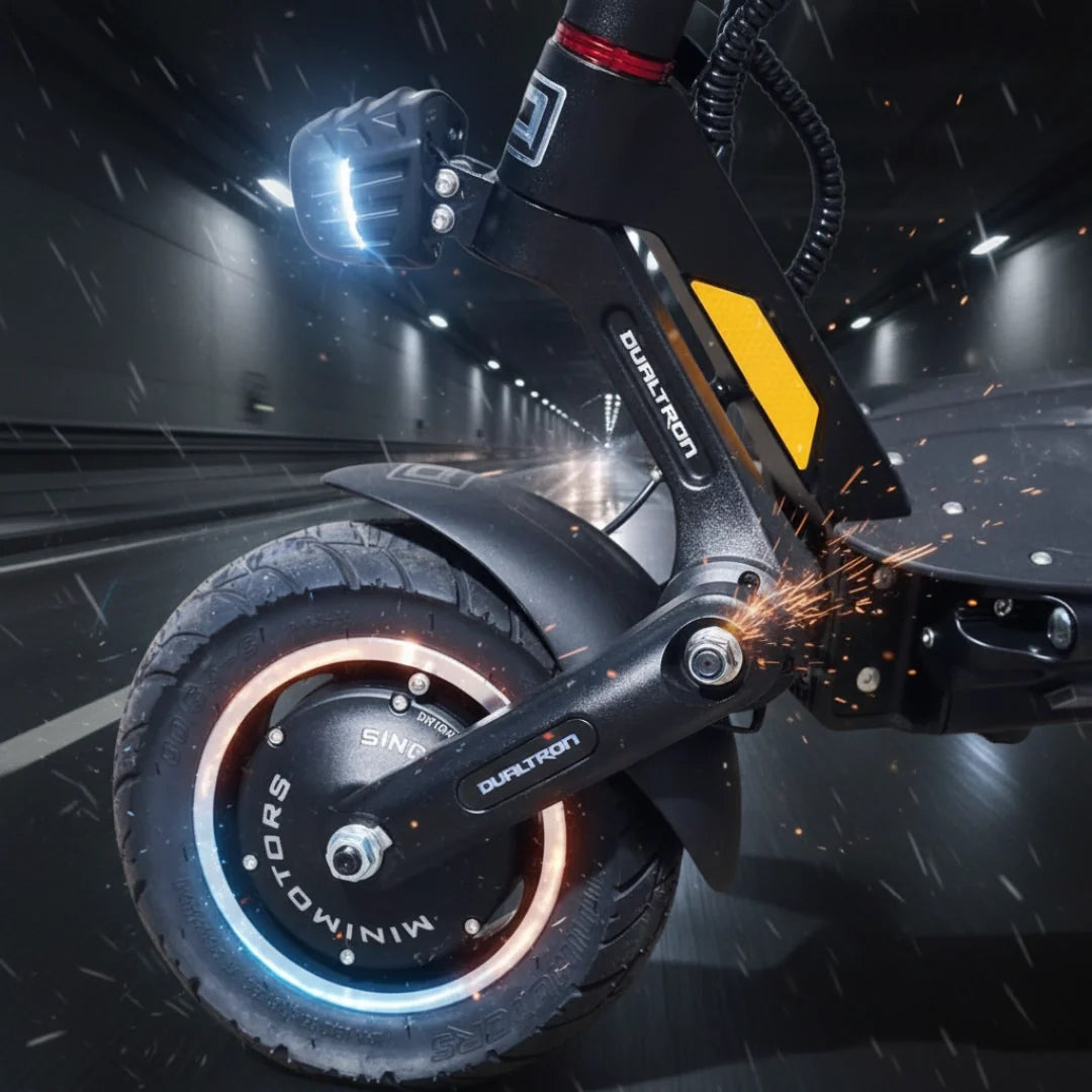 Electric scooter Dualtron Victor Luxury Plus NEW – front wheel and headlight close-up