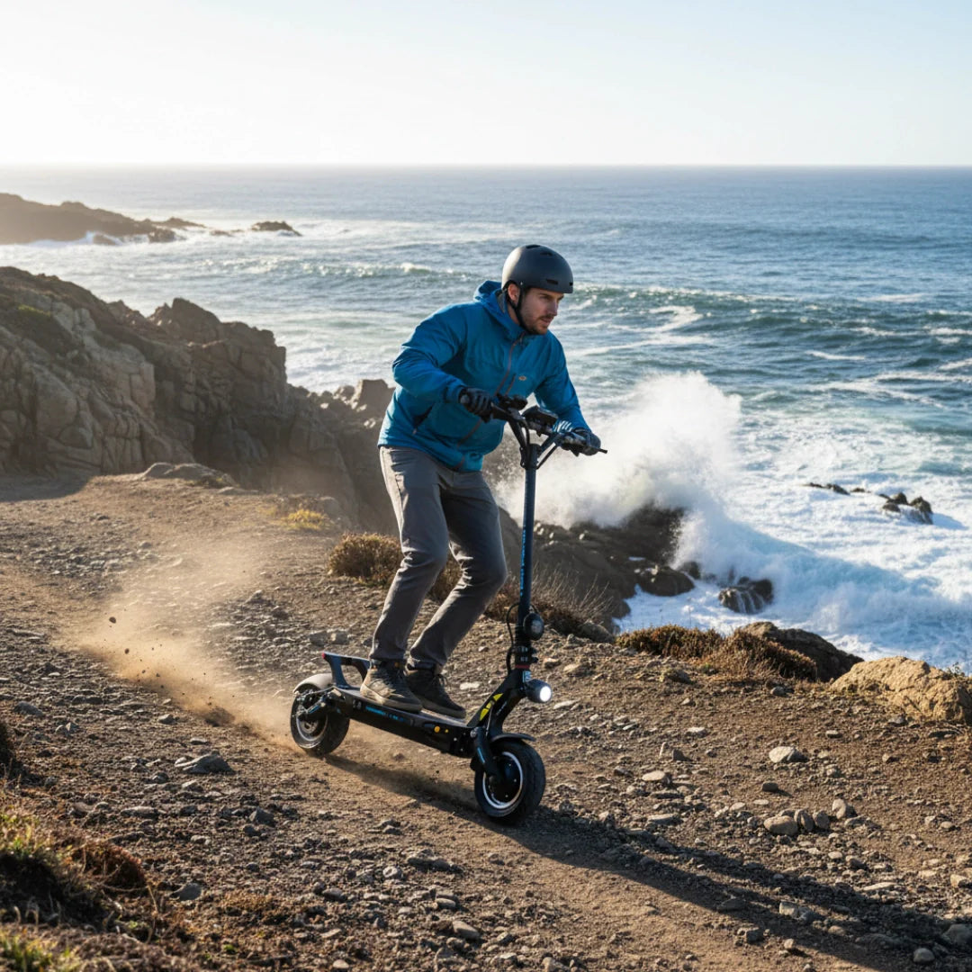 Electric scooter Dualtron Victor Luxury Plus NEW – man riding scooter on dirt path