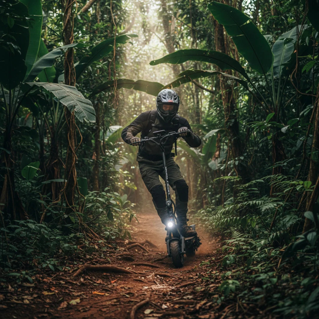 Electric scooter Dualtron Victor Luxury Plus NEW – person riding through jungle