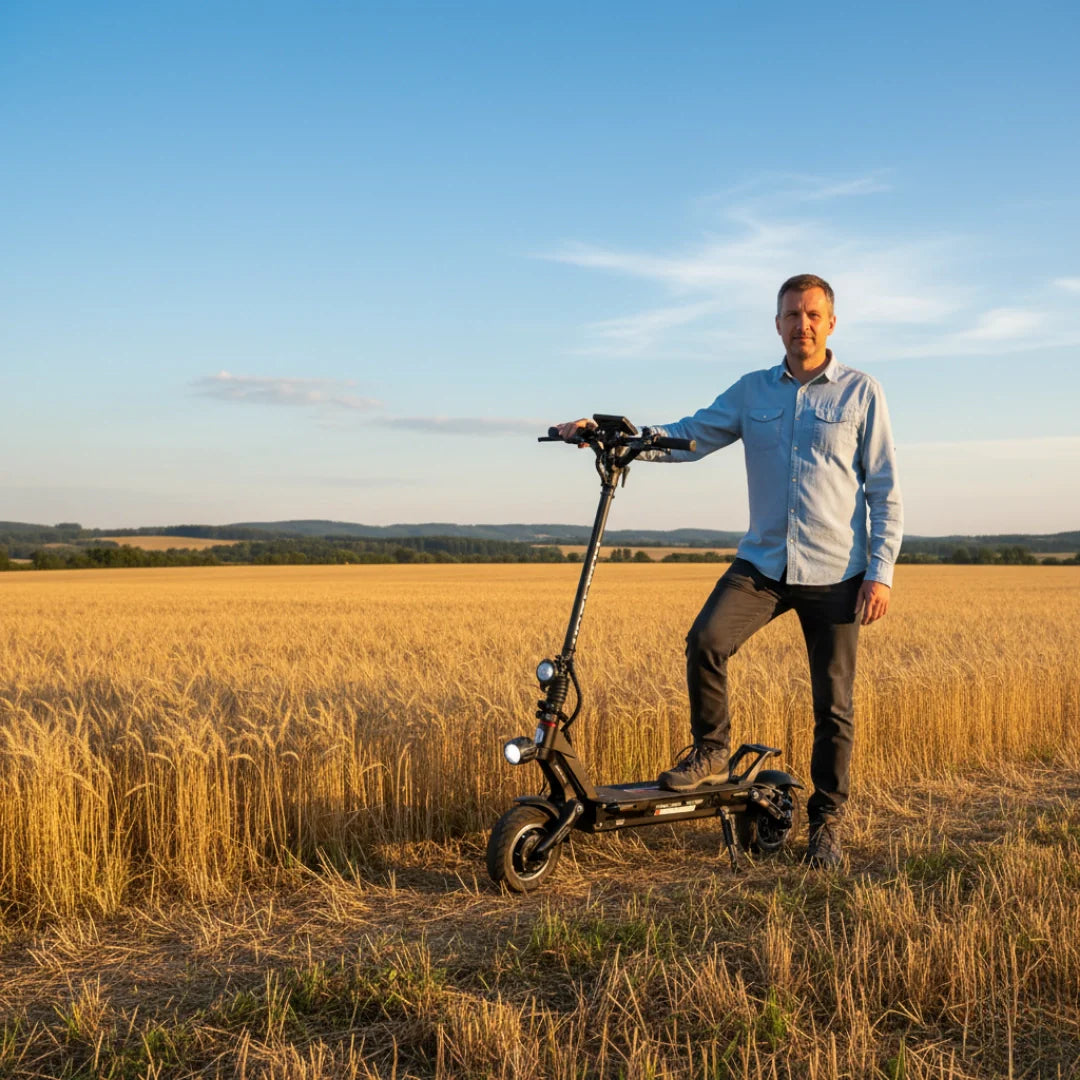 Electric scooter Dualtron Victor Luxury Plus NEW – man standing with scooter in field