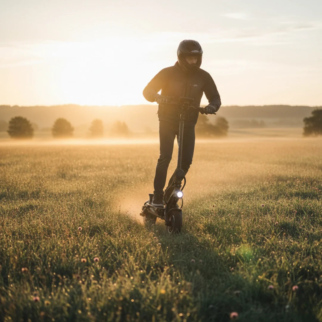 Electric scooter Dualtron Victor Luxury Plus NEW – man riding scooter in grassy field