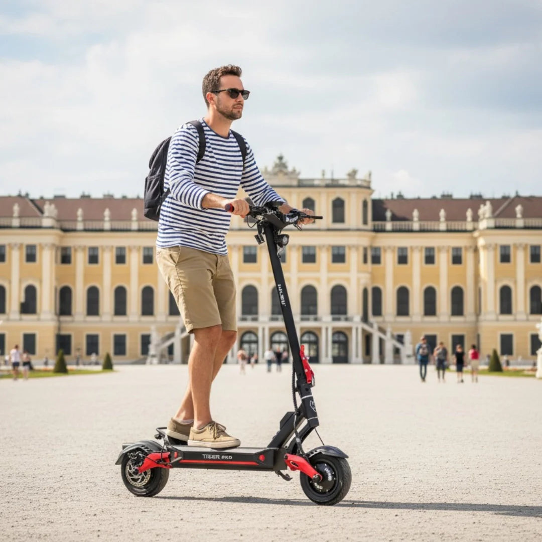 Electric scooter Hiley TIGER EVO GTR – man riding scooter in front of building