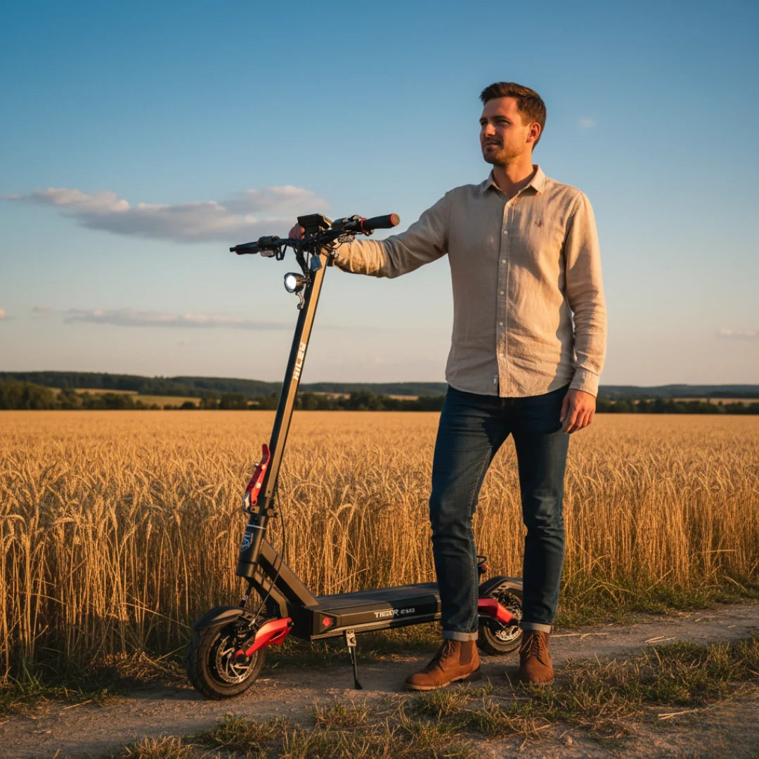 Electric scooter Hiley TIGER EVO GTR – man standing with scooter in field