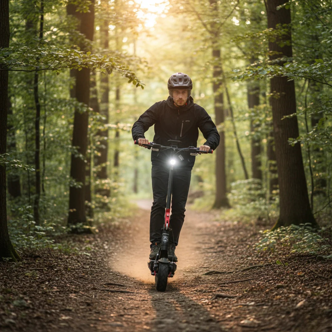 Electric scooter Hiley TIGER EVO GTR – man riding scooter on forest path