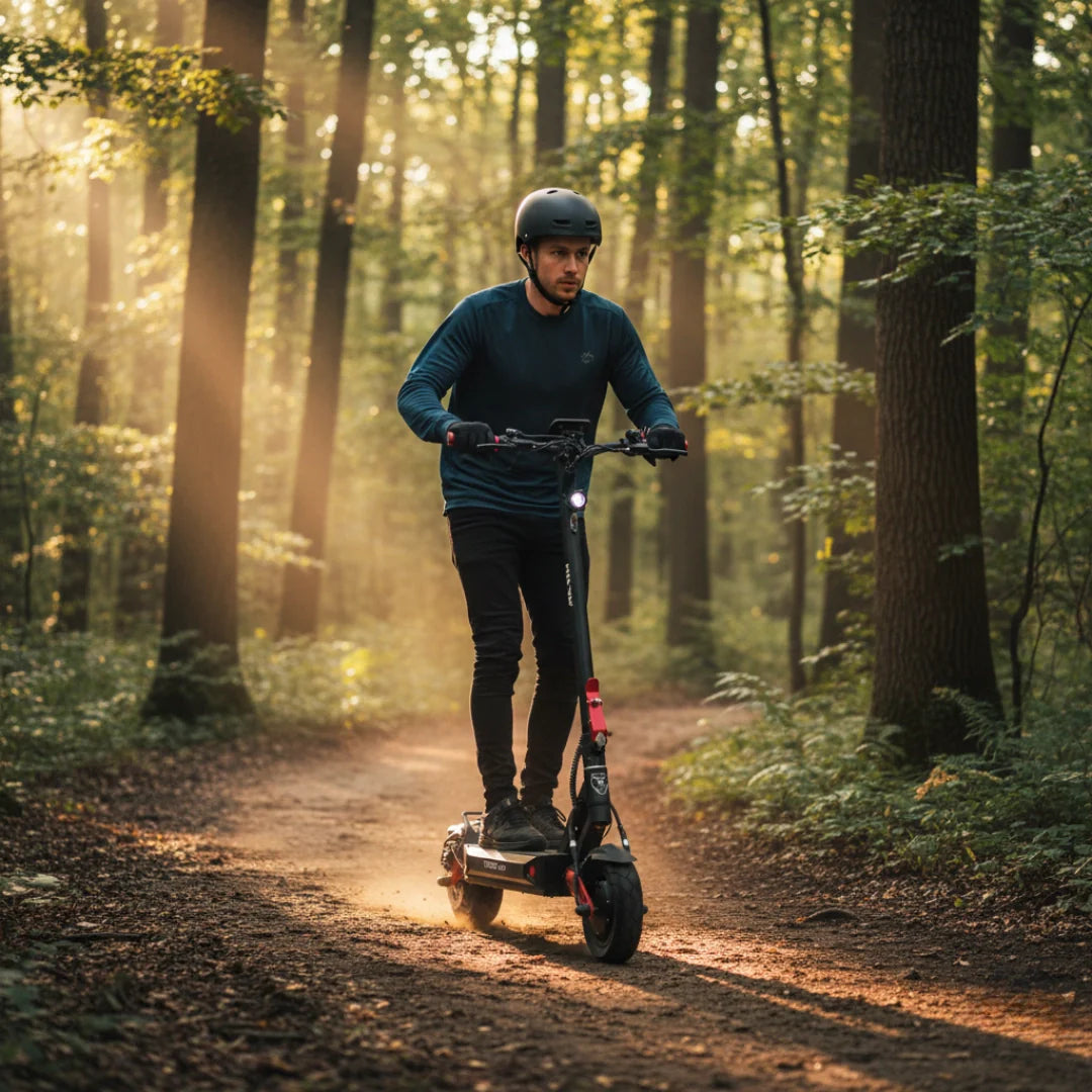 Electric scooter Hiley TIGER EVO GTR – man riding scooter on forest trail
