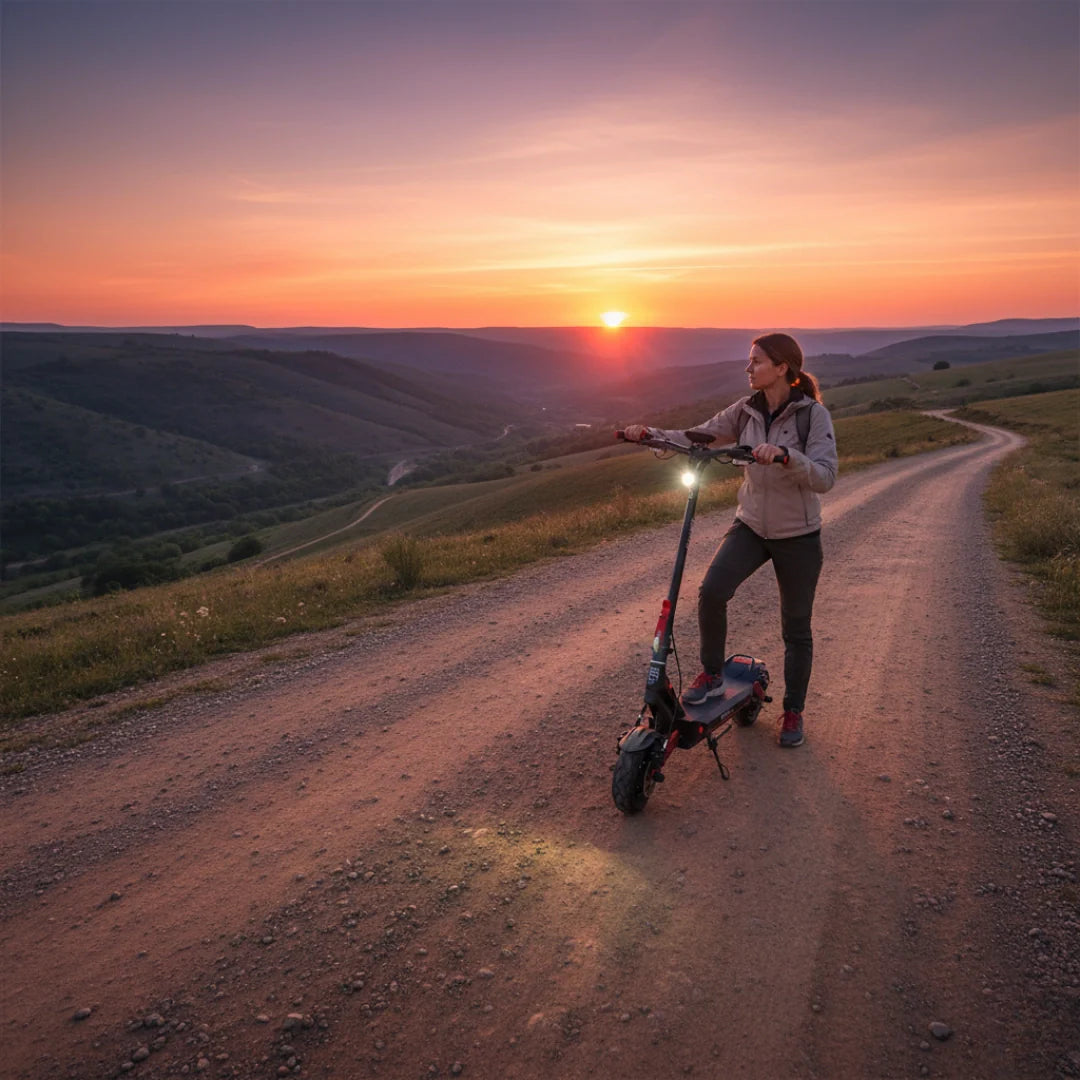 Electric scooter Hiley TIGER EVO GTR – woman with scooter on dirt road, sunset