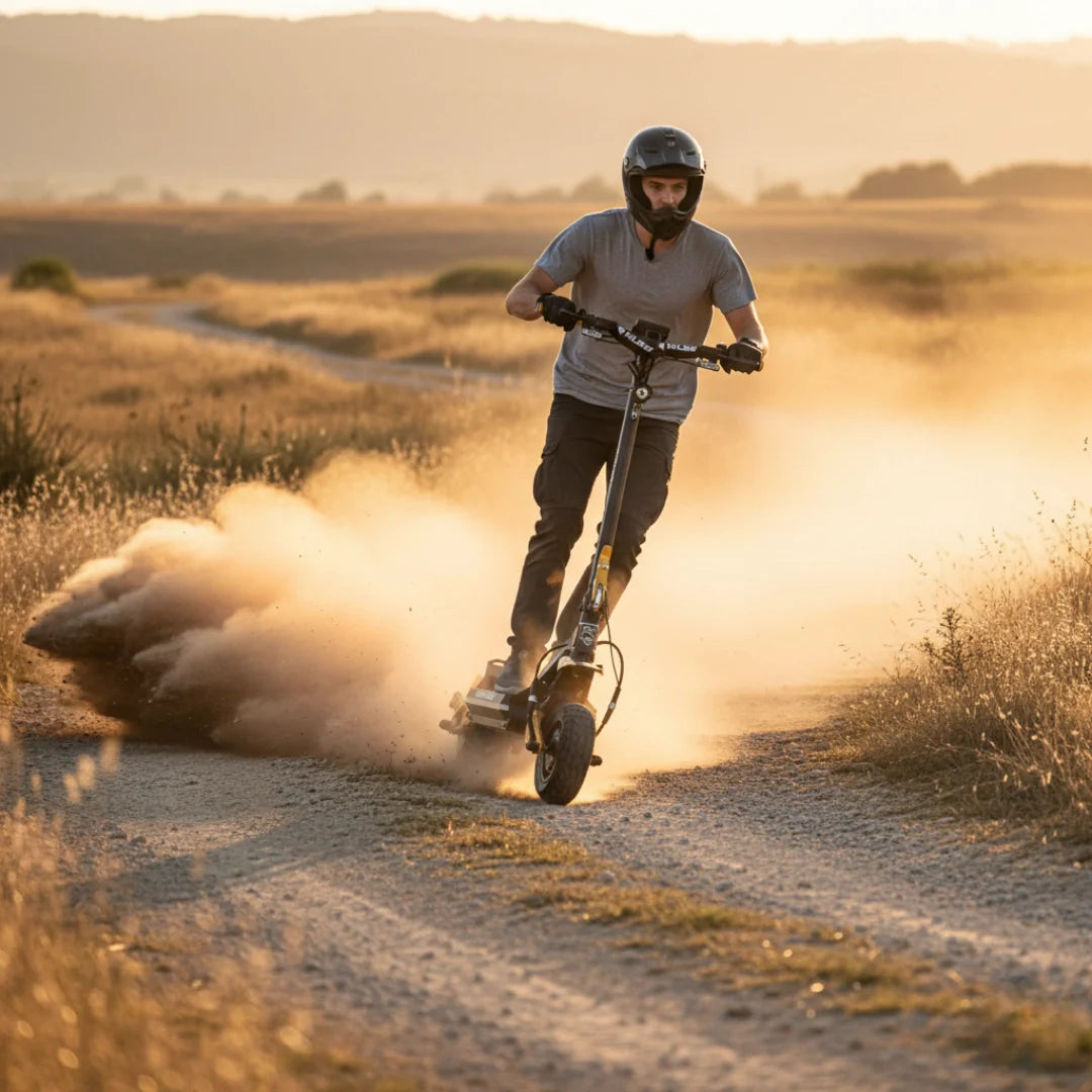 Electric scooter Hiley TIGER KING RS – rider on dirt track, kicking up dust