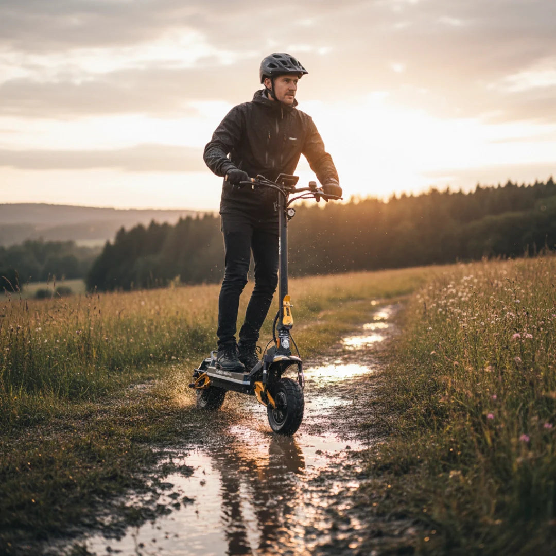 Electric scooter Hiley TIGER KING RS – rider on muddy track, sunset