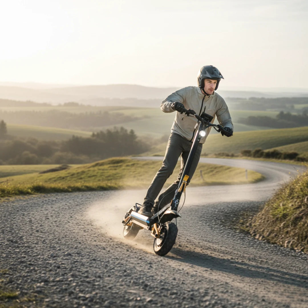 Electric scooter Hiley TIGER KING RS – rider on dirt road, turning