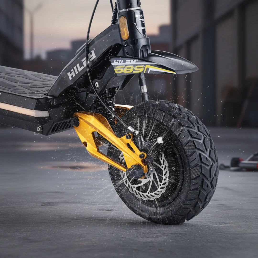 Electric scooter Hiley TIGER KING RS – front wheel splashing water close-up