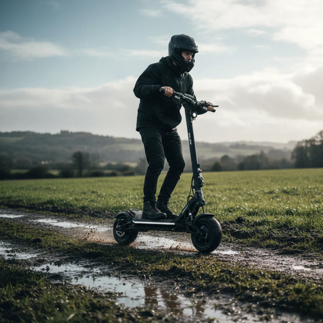 Electric scooter Hiley TIGER SUPRA – person riding scooter on muddy path