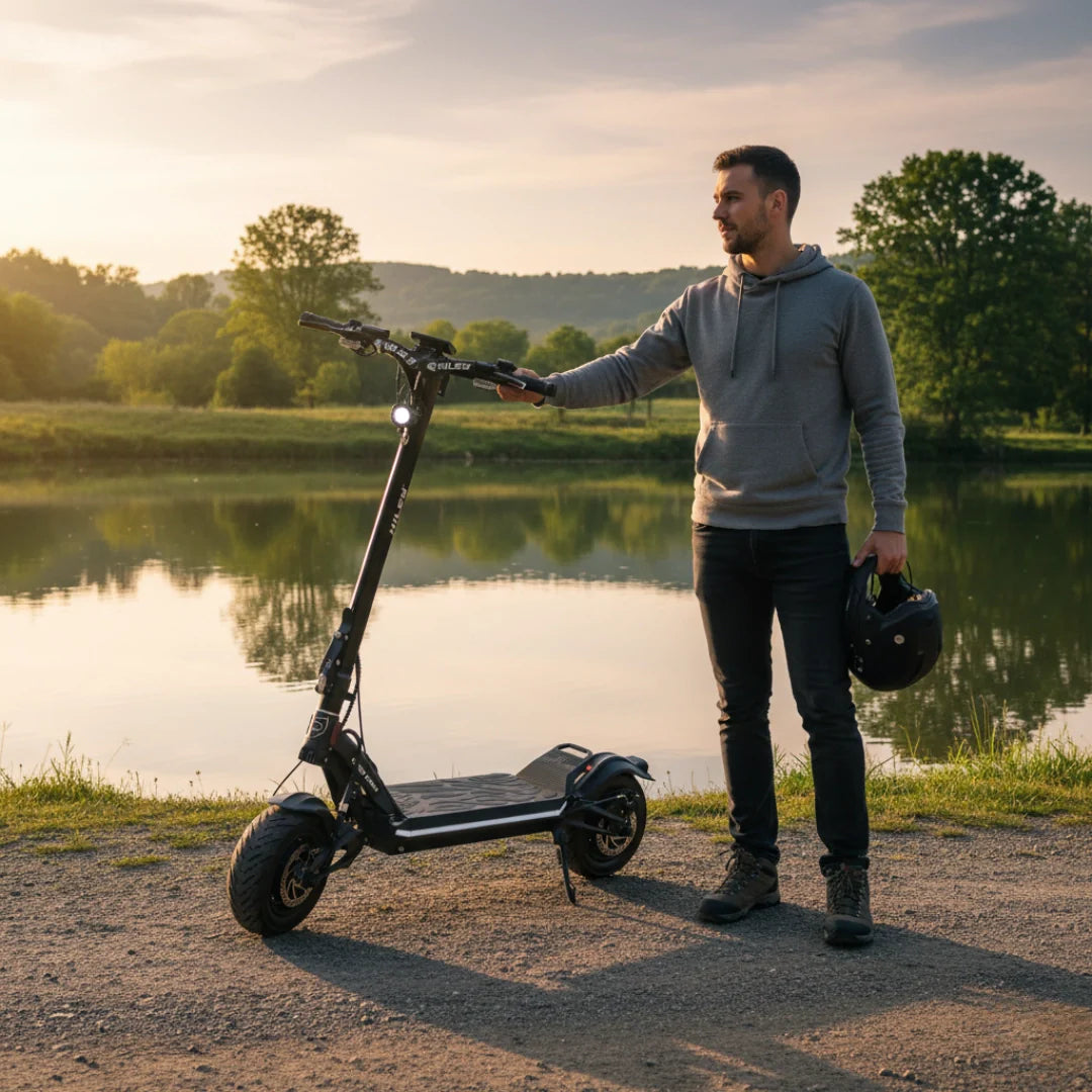 Electric scooter Hiley TIGER SUPRA – man with scooter by lake at sunset