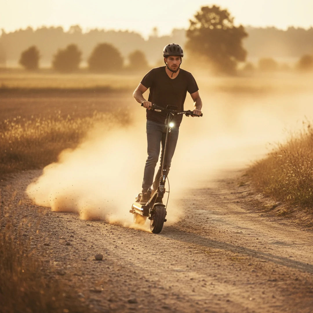 Electric scooter Hiley TIGER SUPRA – person riding scooter on dusty track