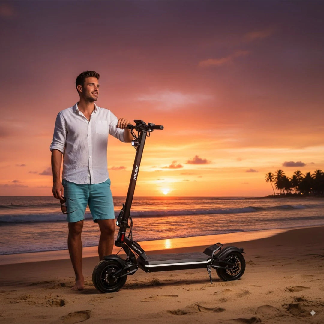 Electric scooter Hiley TIGER SUPRA – man with scooter on beach at sunset