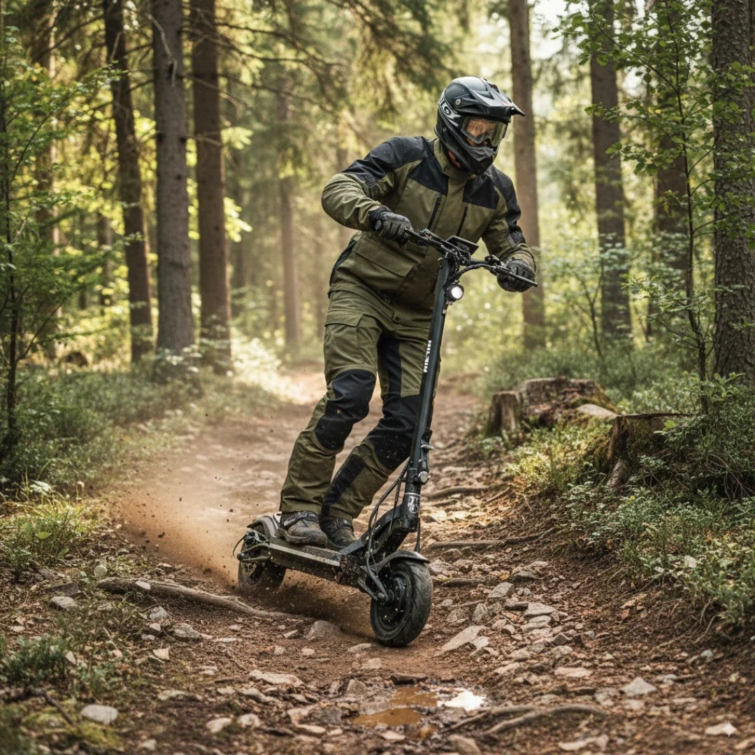 Electric scooter Hiley TIGER SUPRA – person riding scooter on forest trail