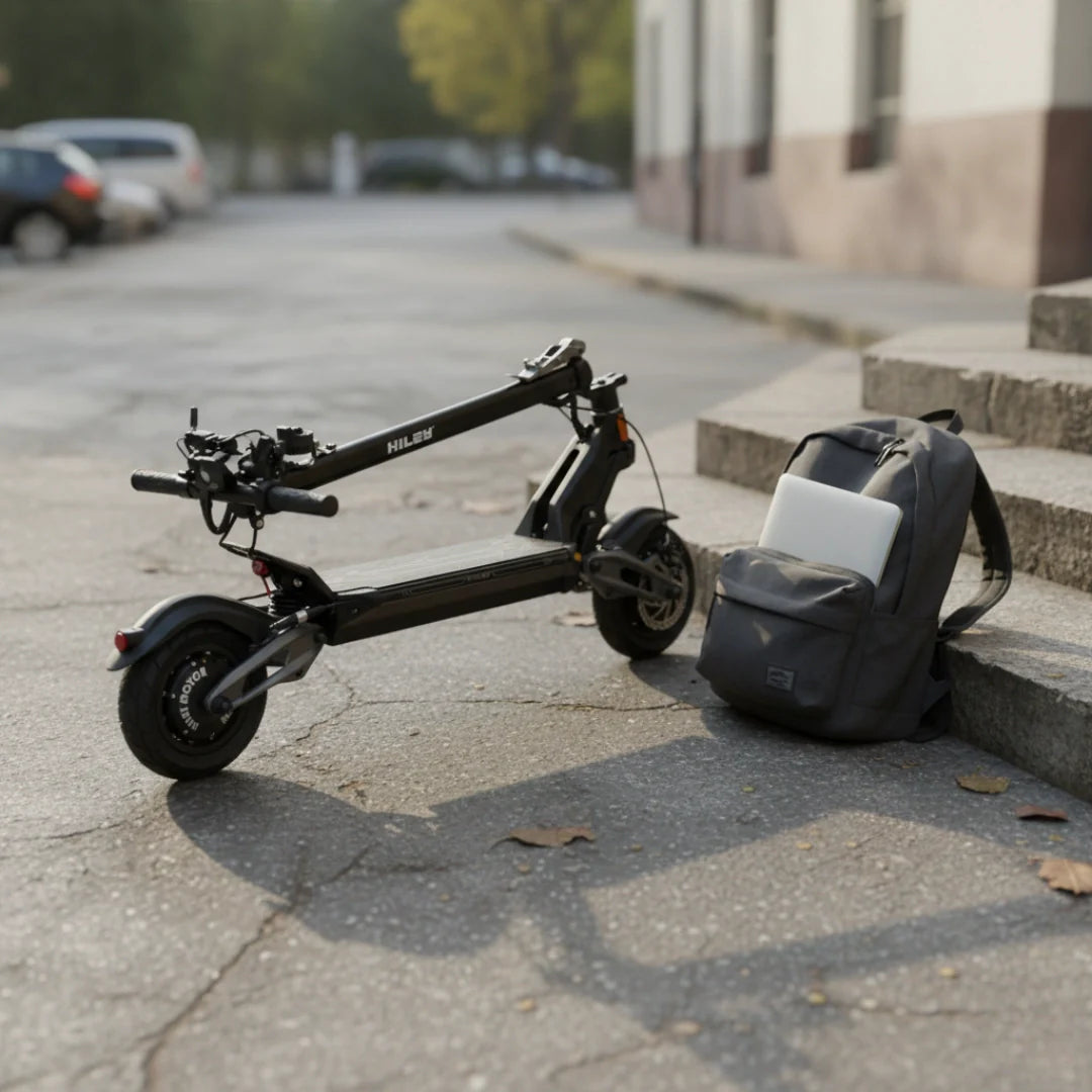 Electric scooter Hiley Tiger 10 V5 – folded, next to backpack on pavement