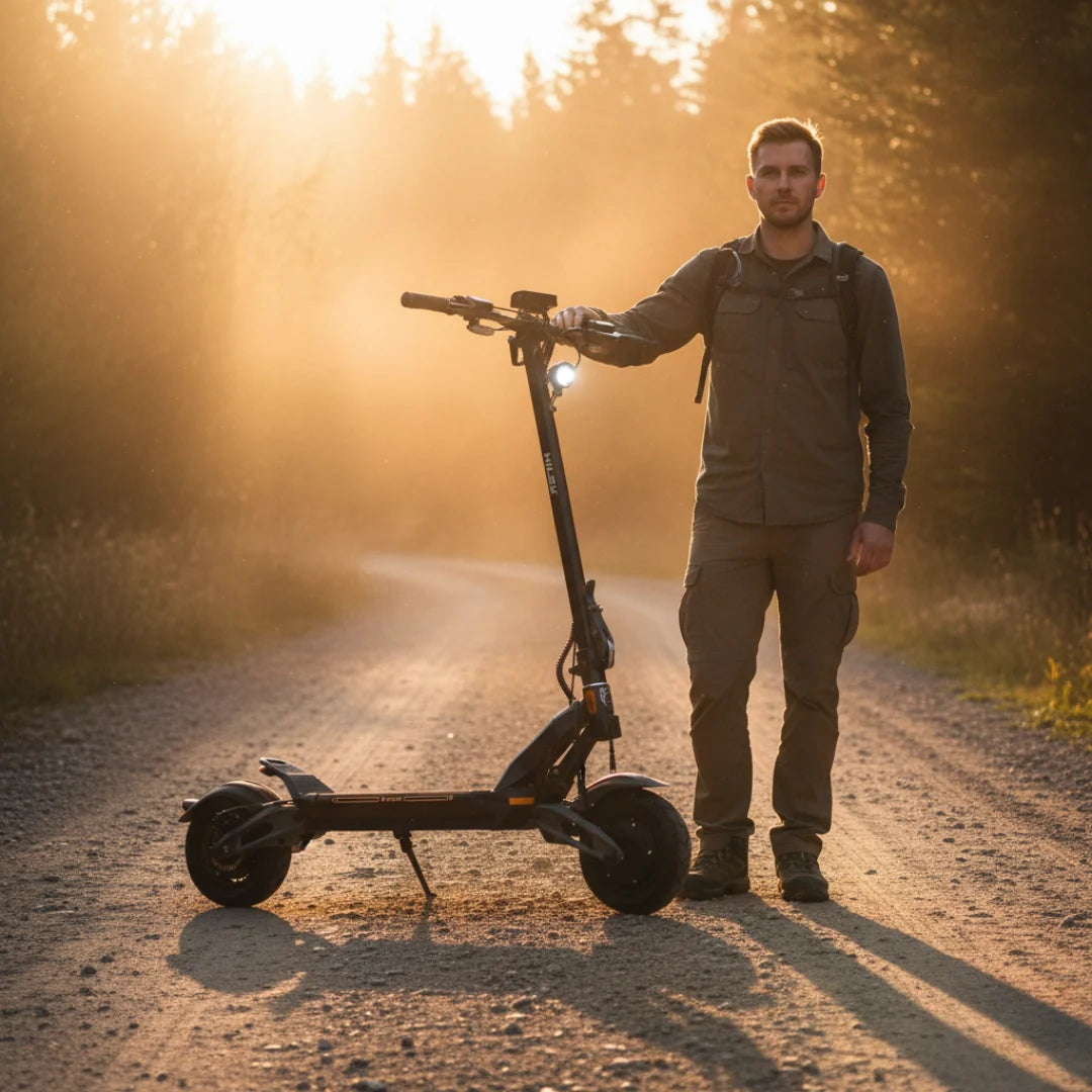 Electric scooter Hiley Tiger 10 V5 – man standing next to scooter on dirt road