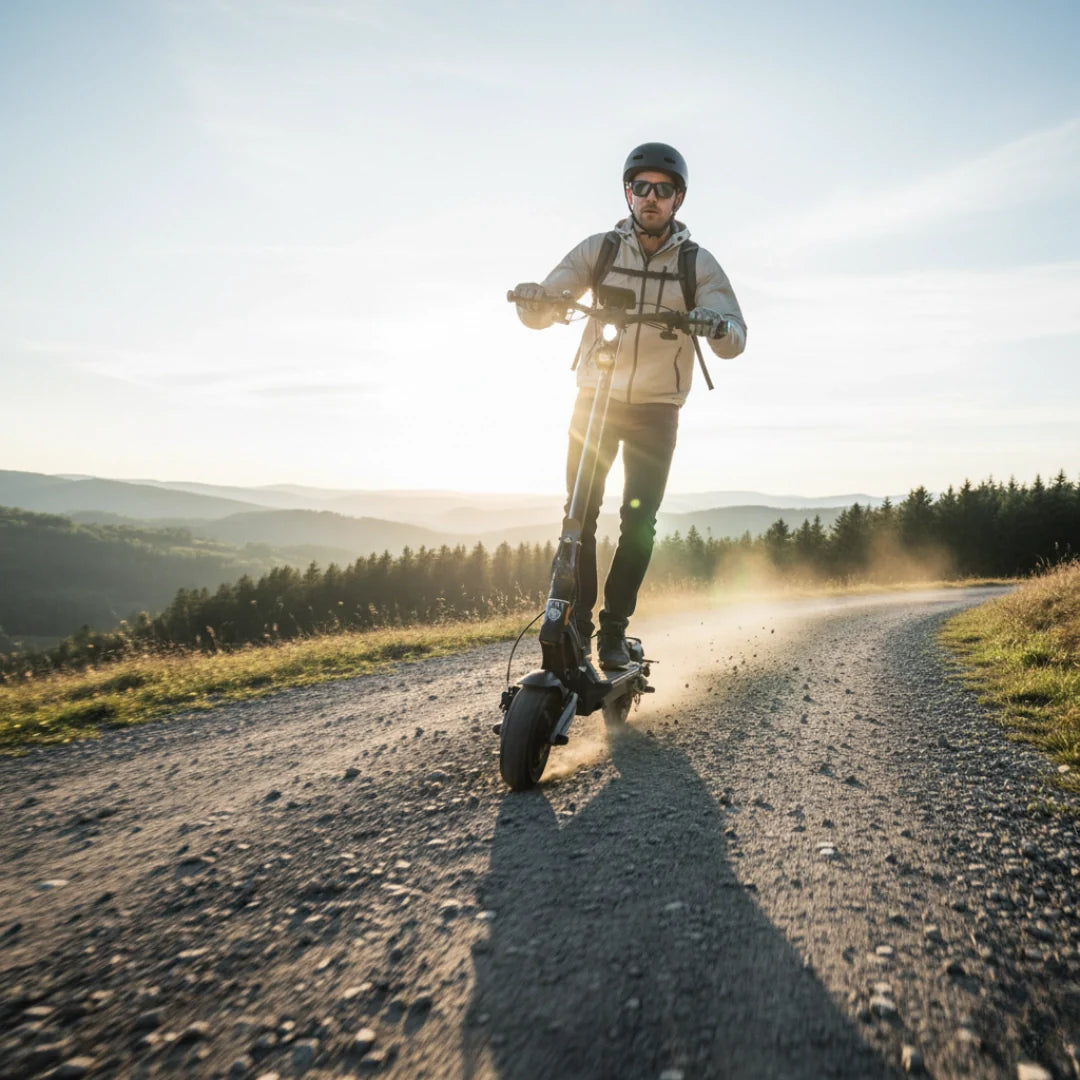 Electric scooter Hiley Tiger 10 V5 – rider on dirt road at sunset