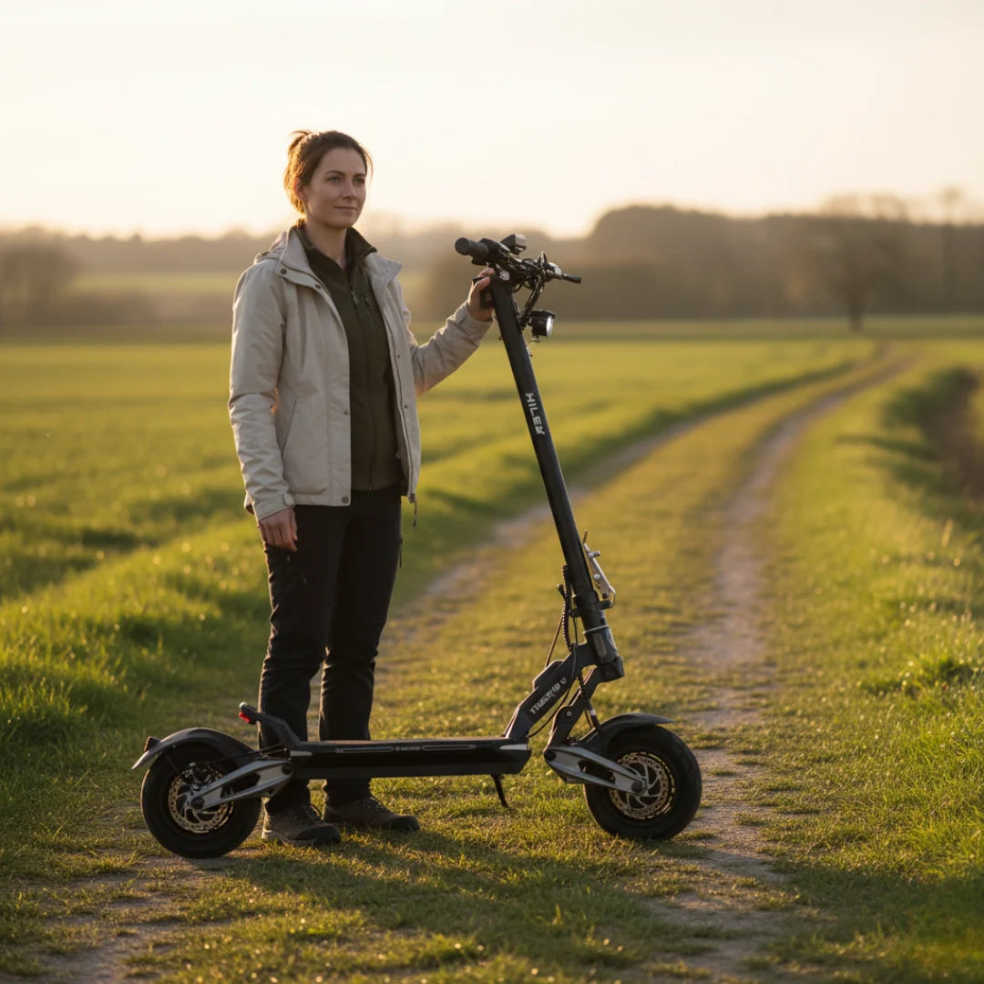 Electric scooter Hiley Tiger 10 V5 – woman standing with scooter in field