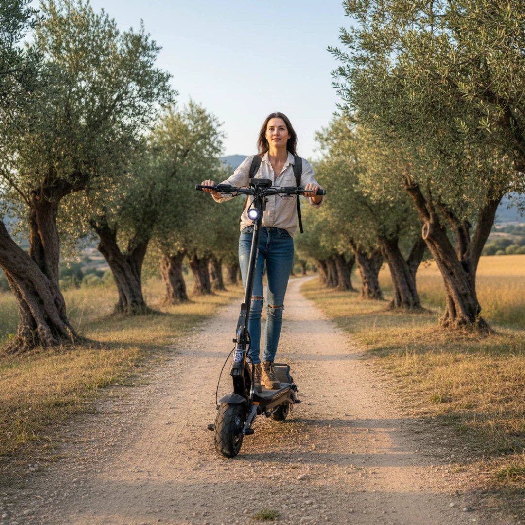 Electric scooter Hiley Tiger 10 V5 – woman riding on dirt path