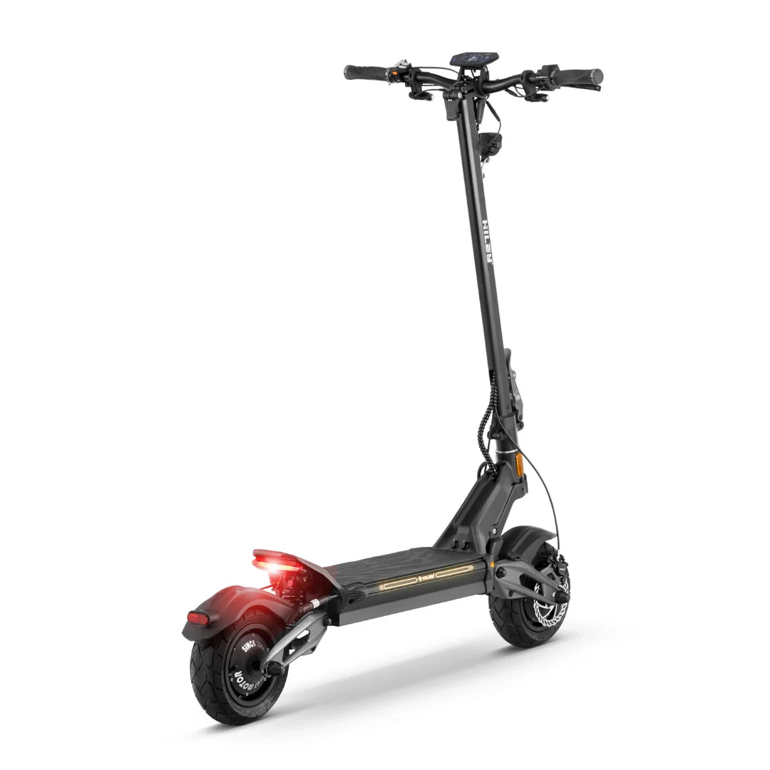Electric scooter Hiley Tiger 10 V5 – rear three-quarter view, lights on