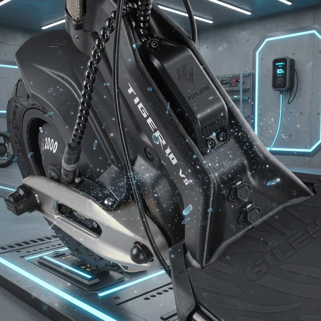 Electric scooter Hiley Tiger 10 V5 – charging ports and rear wheel detail
