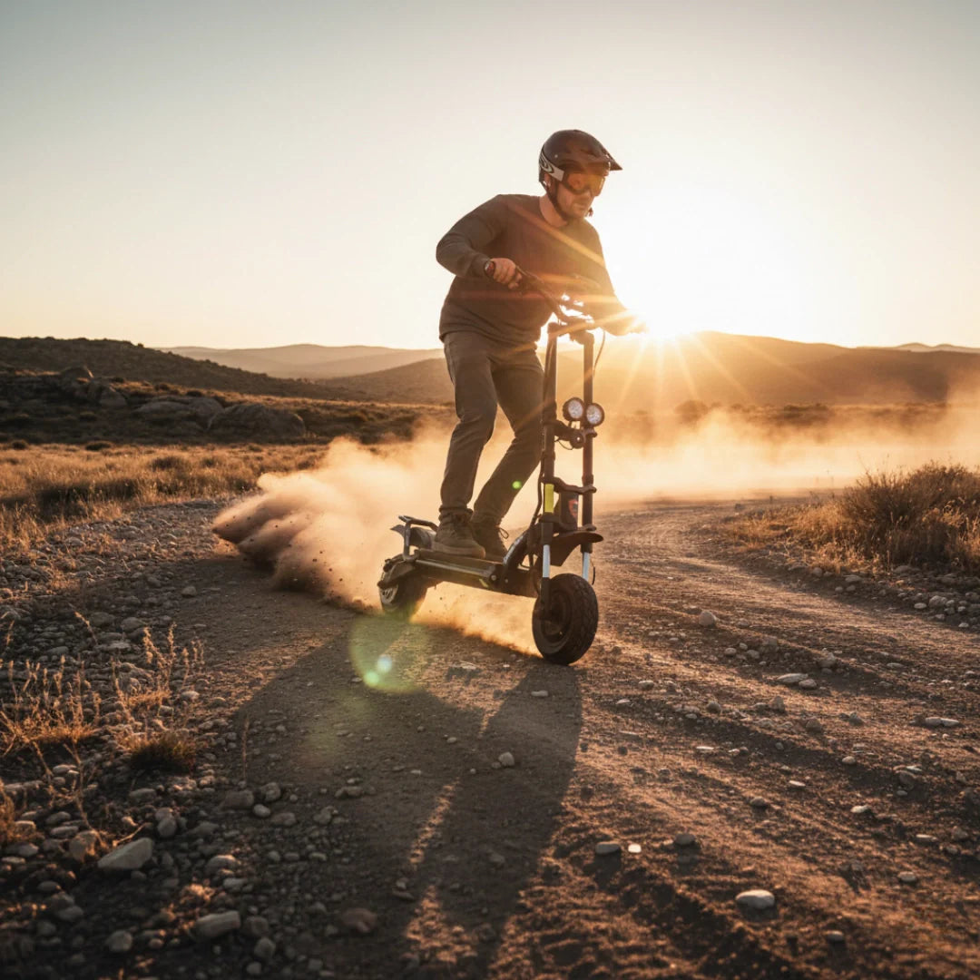 Electric scooter Kaabo Wolf Warrior 11 MAX – sunset dirt-path rider kicking up dust