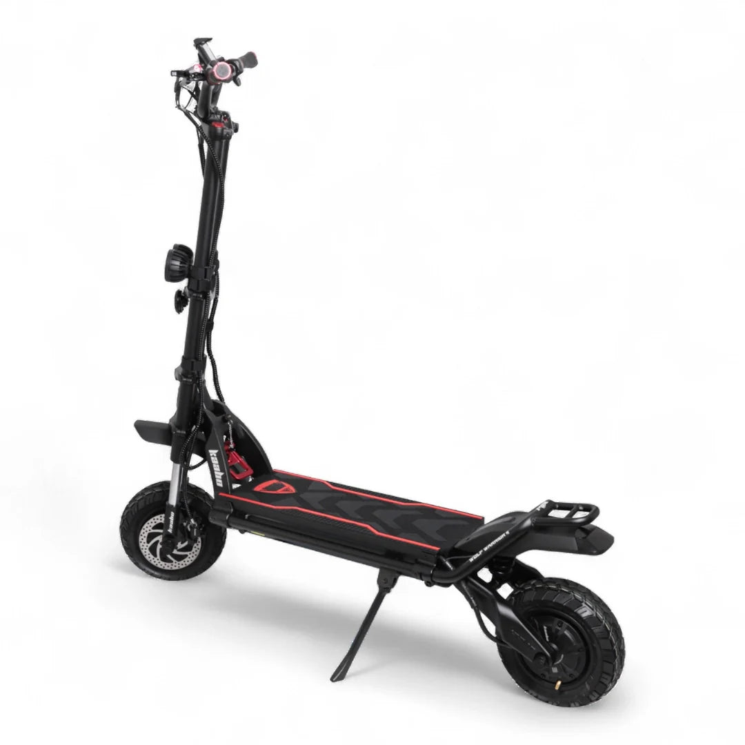 Electric scooter Kaabo Wolf Warrior 11 MAX – rear three-quarter view, kickstand down