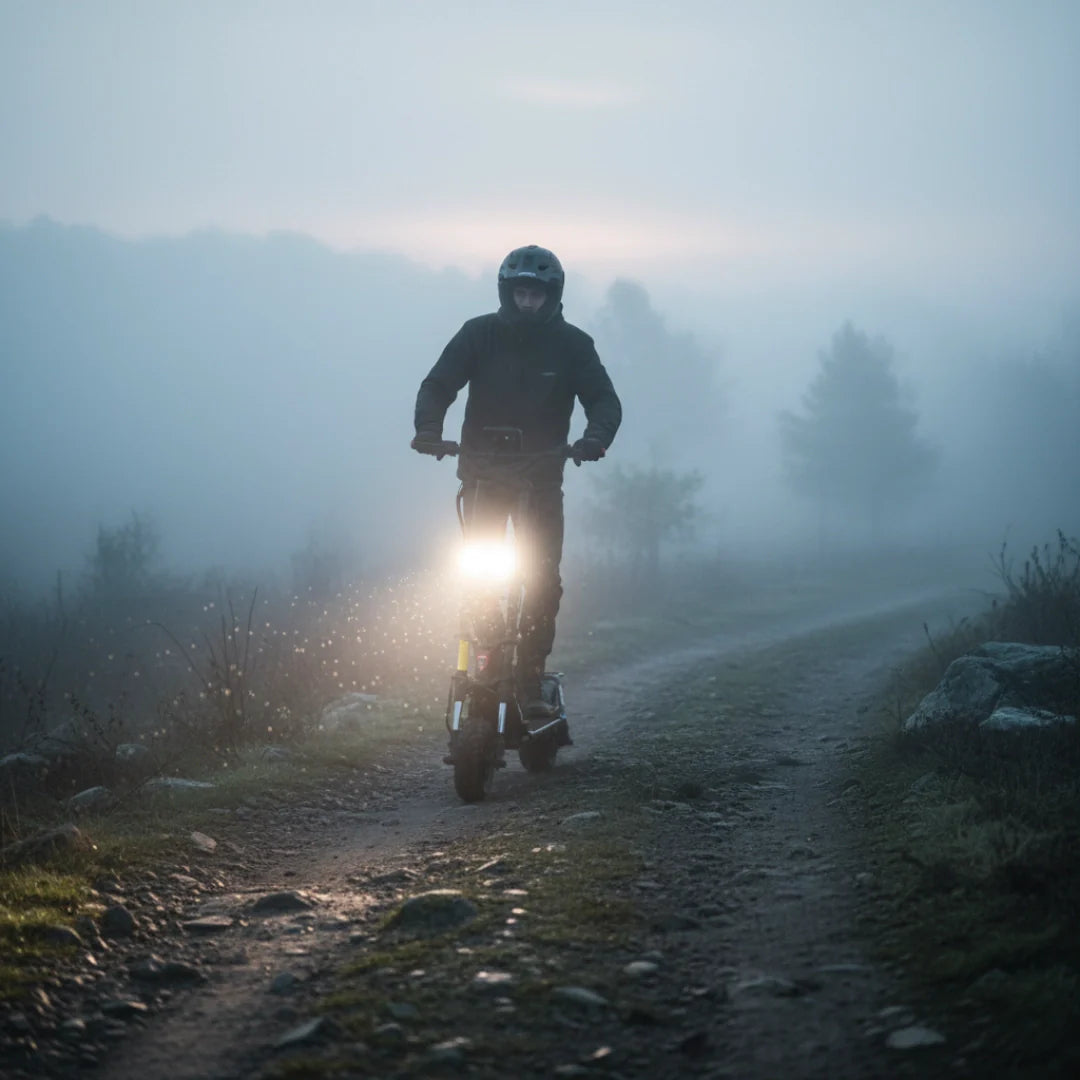 Electric scooter Kaabo Wolf Warrior 11 MAX – rider on foggy dirt path with headlights