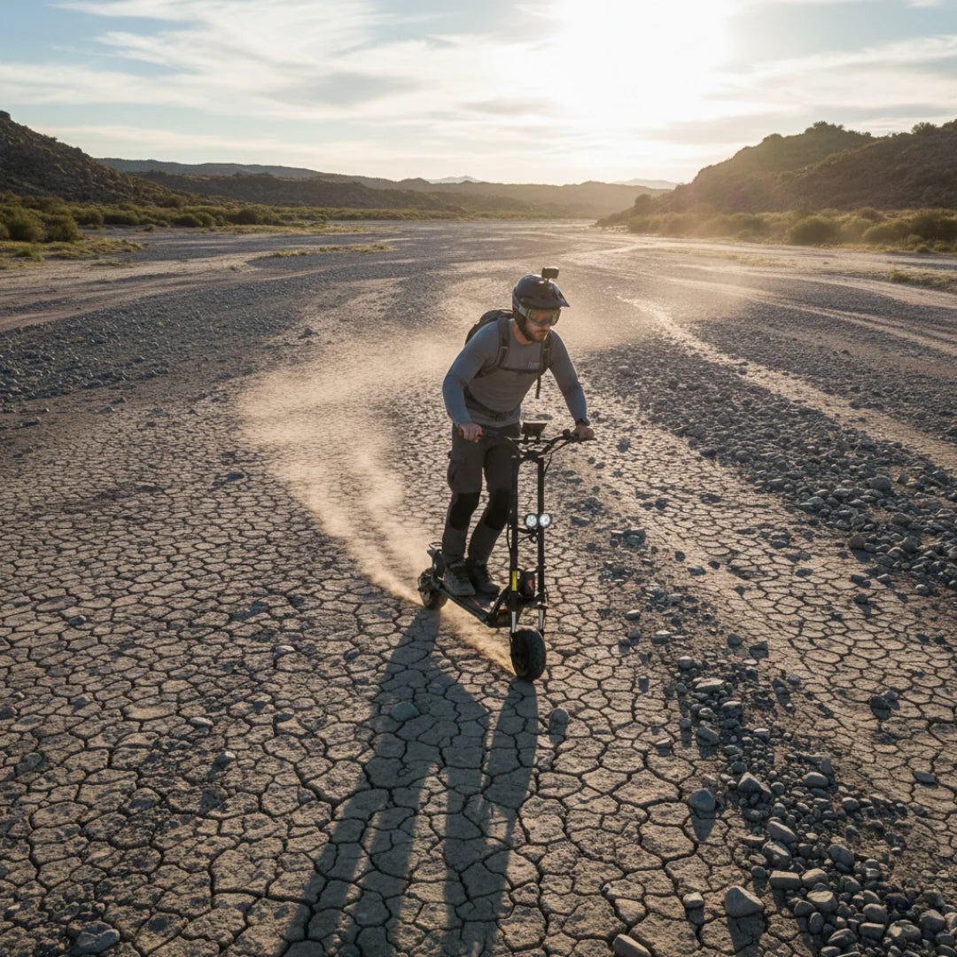 Electric scooter Kaabo Wolf Warrior 11 MAX – rider on cracked dry ground kicking up dust