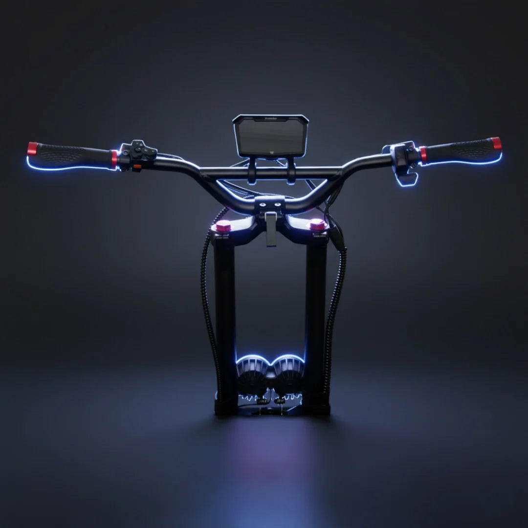 Electric scooter Kaabo Wolf Warrior 11 MAX – handlebars and stem with blue accent lighting