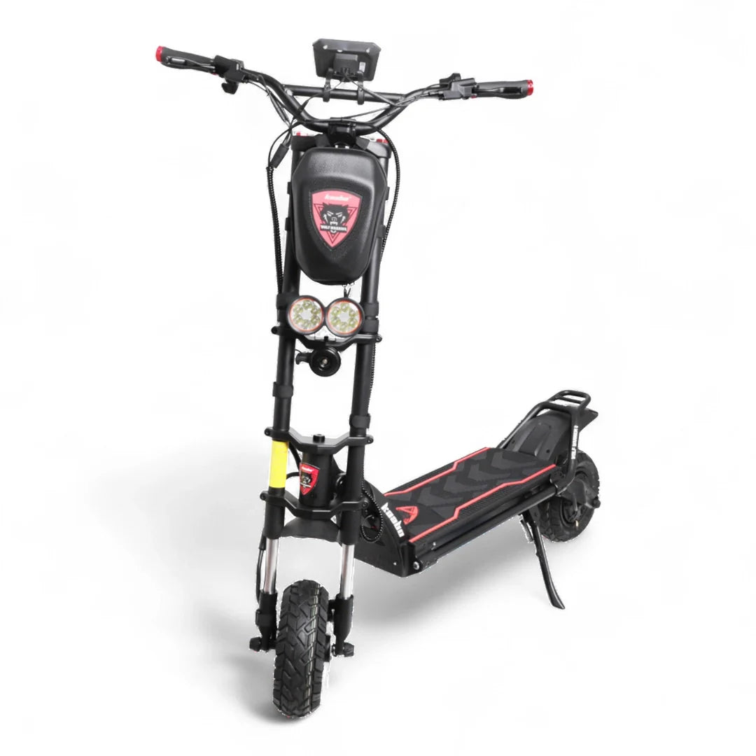 Electric scooter Kaabo Wolf Warrior 11 MAX – front view with handlebar bag, kickstand down