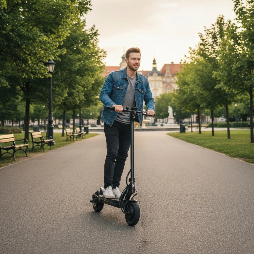 Electric scooter Kaabo Mantis 10 PLUS – man riding in park