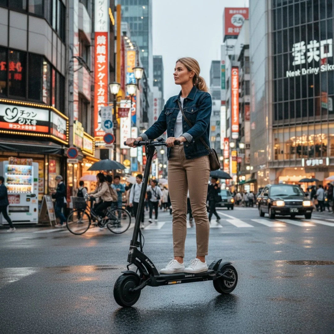 Electric scooter Kaabo Mantis 10 PLUS – woman riding in city street